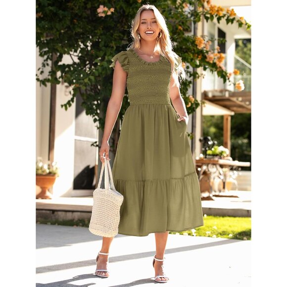 Womens Boho Maxi Dress Summer Casual Flutter Sleeve Pockets Fit to Size - Picture 2 of 6